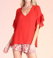 Crinkle Solid Ruffle Sleeve Easy Top