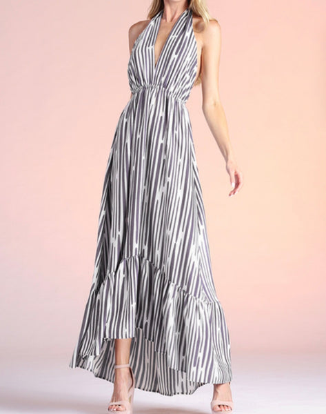 Adeline Stripe High-Low Halter Maxi Dress