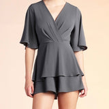 Pleated Bodice Textured Solid Skirted Romper